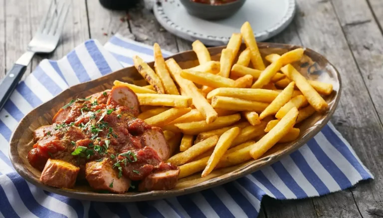 Currywurst mit Pommes auf Holzplatte